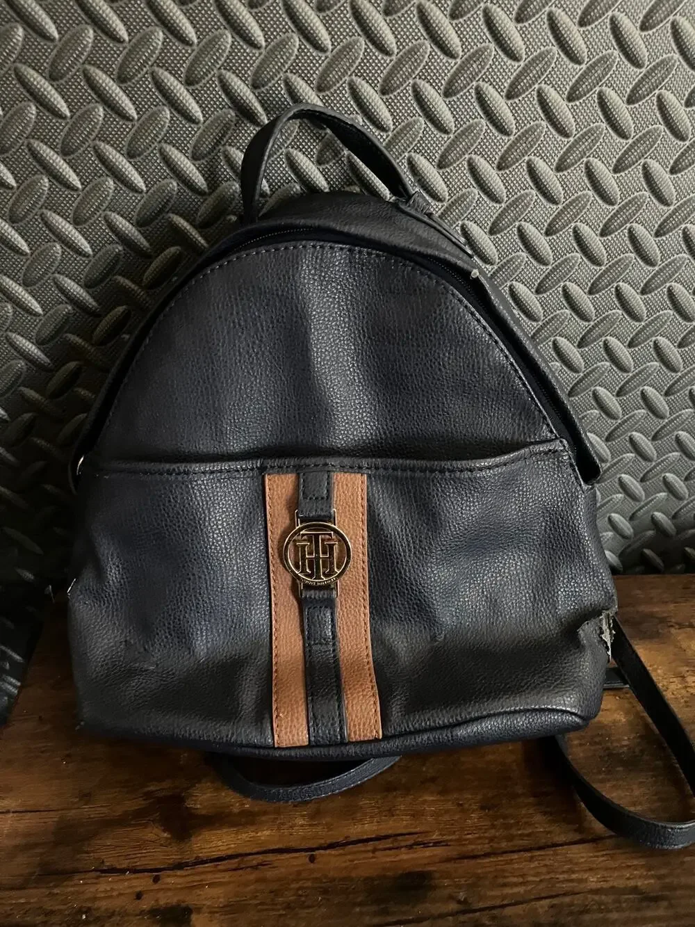 Tommy Hilfiger Women’s Blue Brown Mini Backpack Zipper Logo Straps Inner Pocket